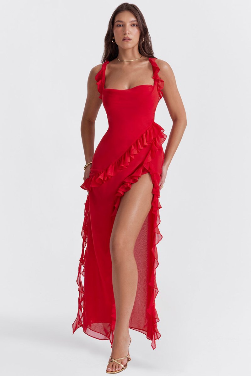 Square Neck Ruffle Strap Diagonal Ruffle Detail High Slit Maxi Dress 7