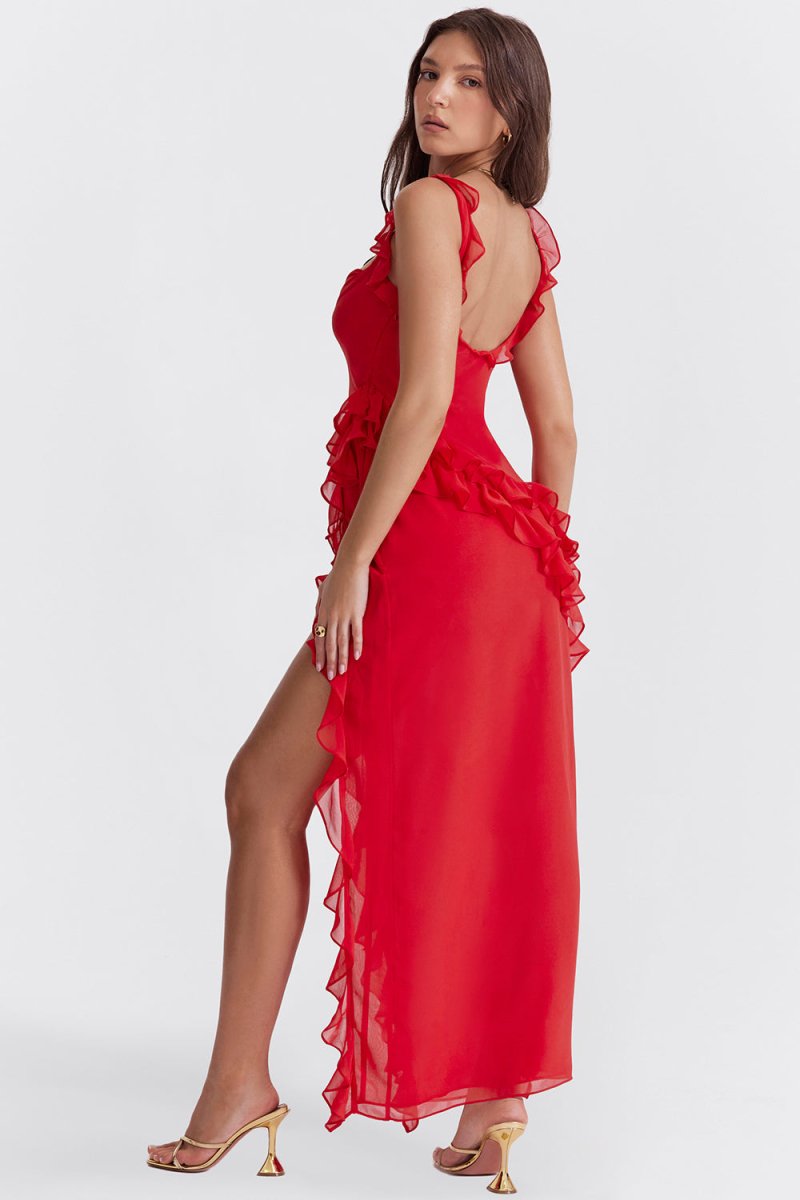 Square Neck Ruffle Strap Diagonal Ruffle Detail High Slit Maxi Dress 9
