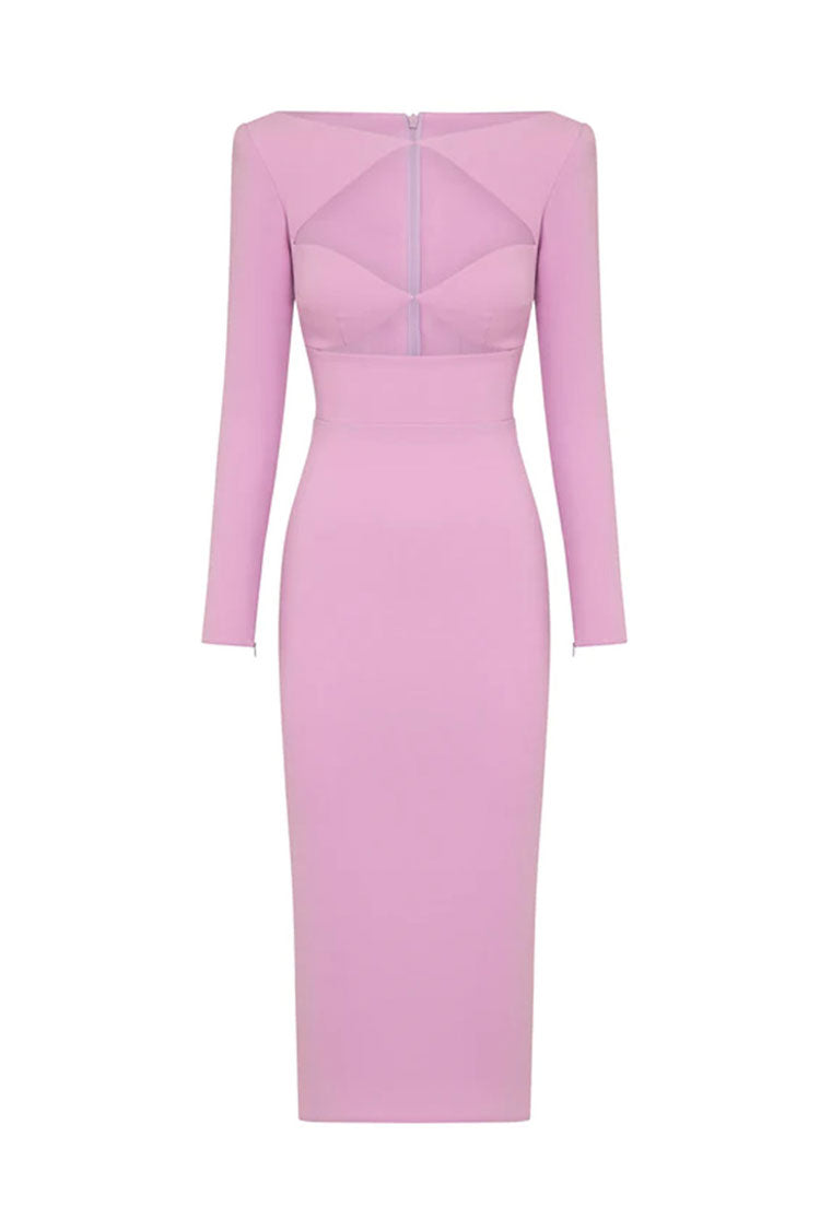 Long Sleeve Oval Cutout Twist Front Bandage Bodycon Midi Dress 2