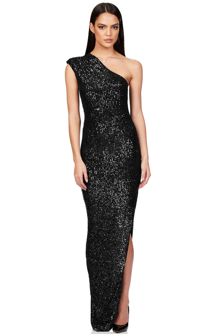 One Shoulder Sequin Column High Slit Maxi Gown