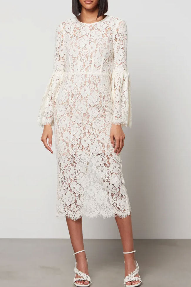 Floral Lace Crew Neck Bell Sleeve Eyelash Trim Sheath Midi Dress
