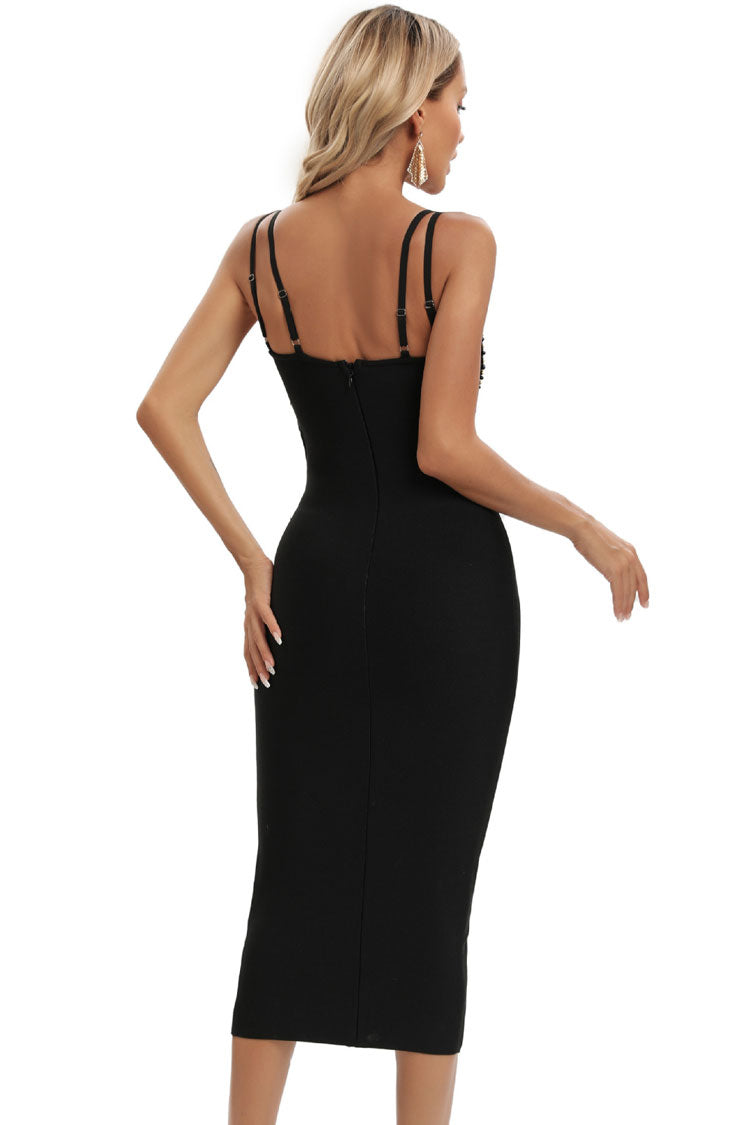 Shell Bead Embellished Sweetheart Waist Cutout Bandage Midi Dress 4