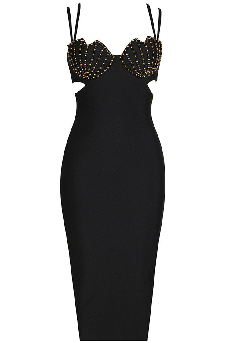 Shell Bead Embellished Sweetheart Waist Cutout Bandage Midi Dress 5