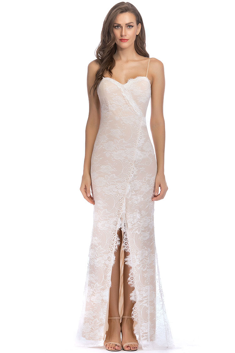 Lace Sweetheart Spaghetti Strap Wrap Bodice High Split Eyelash Trim Maxi Gown