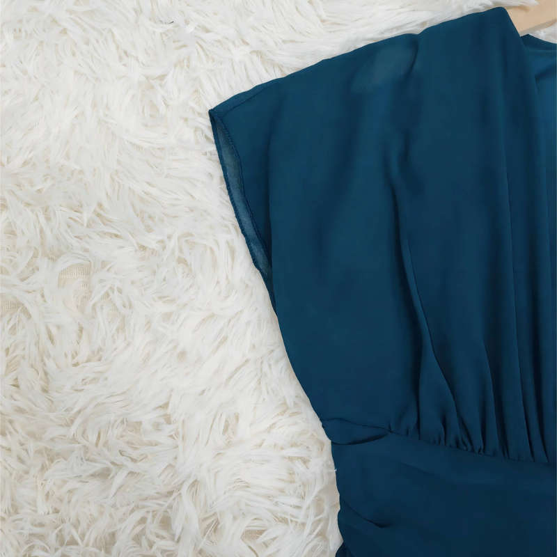 Chiffon Deep V-Neck Flutter Sleeve Ruched Waist High Low Midi Dress 4