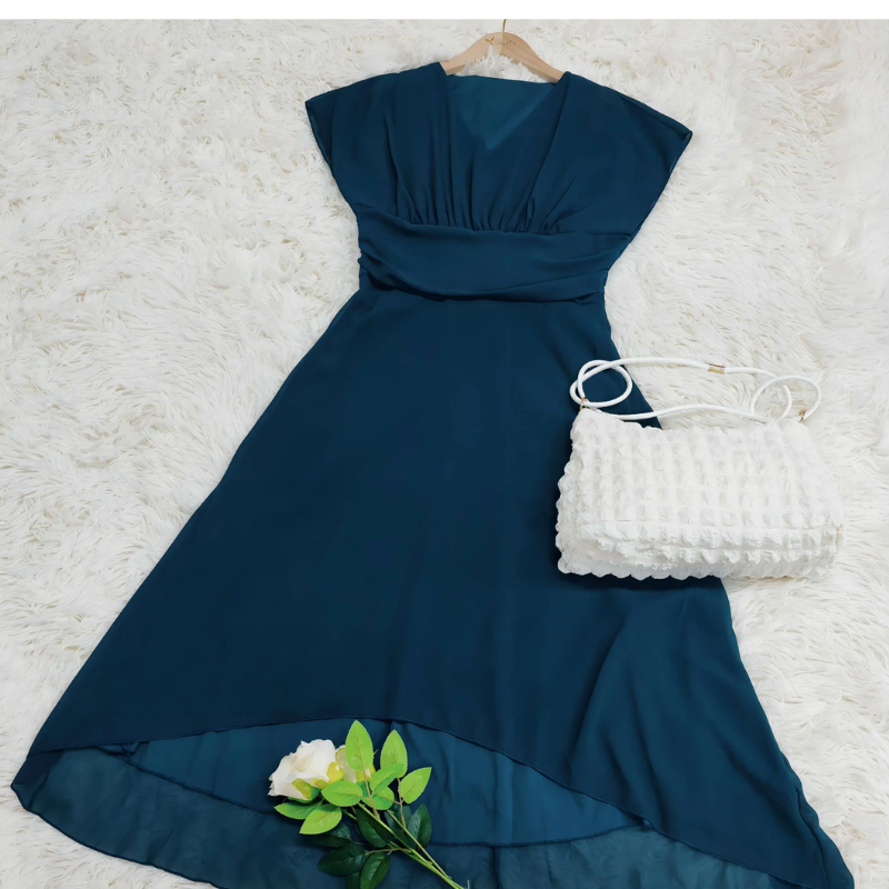 Chiffon Deep V-Neck Flutter Sleeve Ruched Waist High Low Midi Dress 2