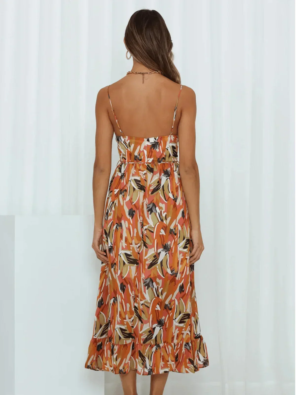 Abstract Brushstroke Print Spaghetti Strap Ruched Bust Tie Waist Midi Dress 14
