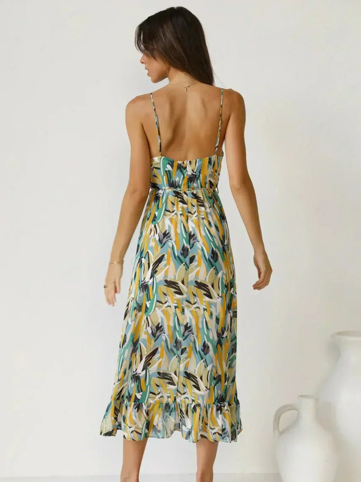 Abstract Brushstroke Print Spaghetti Strap Ruched Bust Tie Waist Midi Dress 8