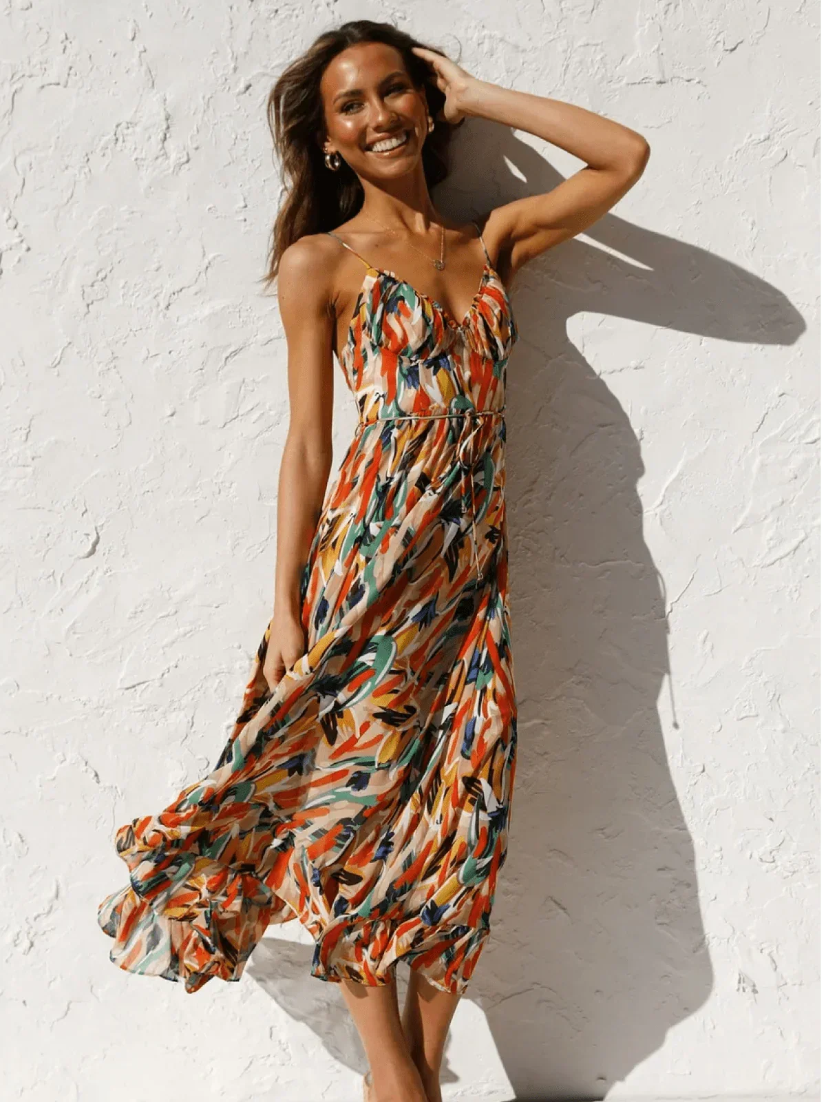 Abstract Brushstroke Print Spaghetti Strap Ruched Bust Tie Waist Midi Dress 4