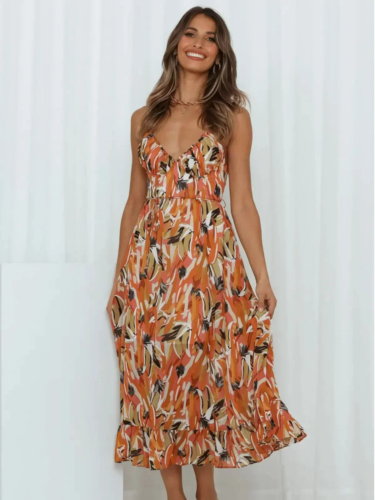 Abstract Brushstroke Print Spaghetti Strap Ruched Bust Tie Waist Midi Dress 12