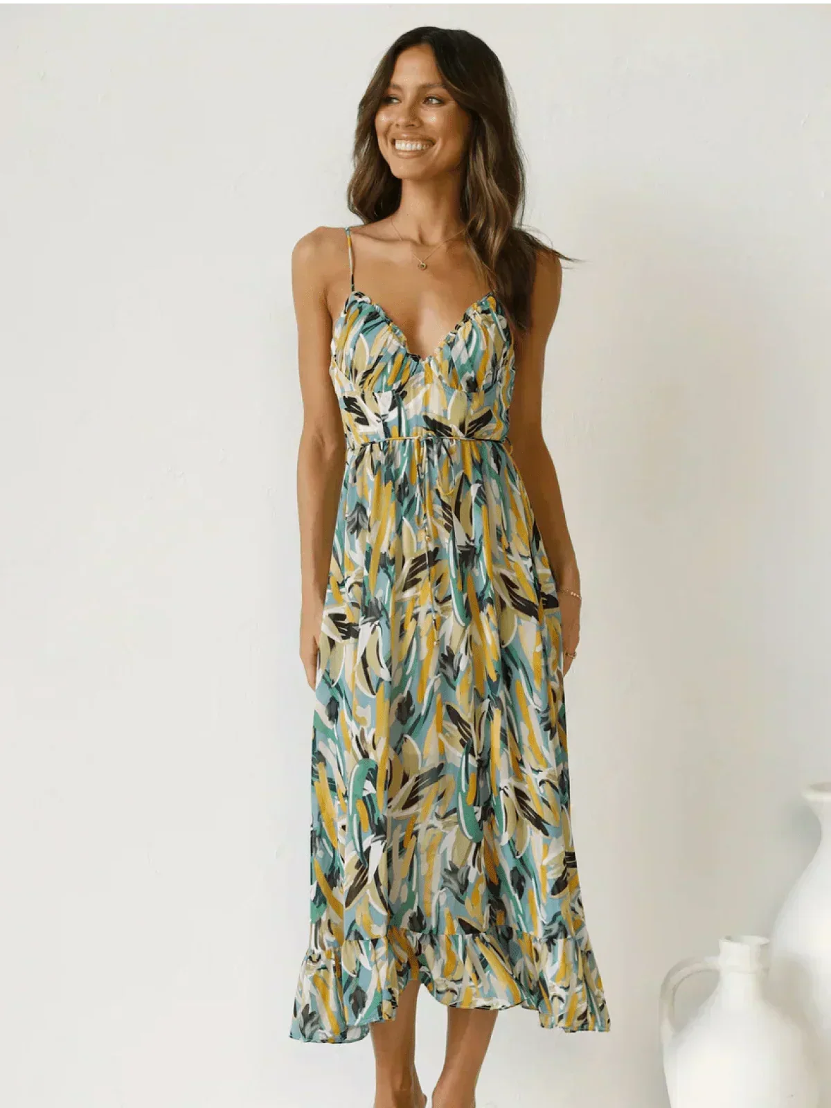 Abstract Brushstroke Print Spaghetti Strap Ruched Bust Tie Waist Midi Dress 11