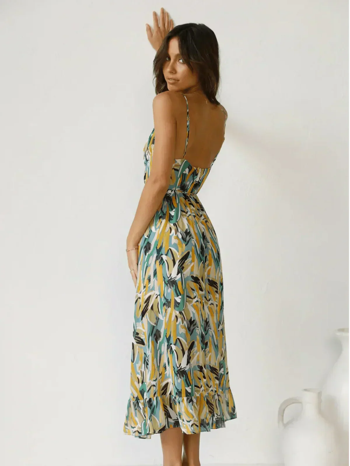 Abstract Brushstroke Print Spaghetti Strap Ruched Bust Tie Waist Midi Dress 9