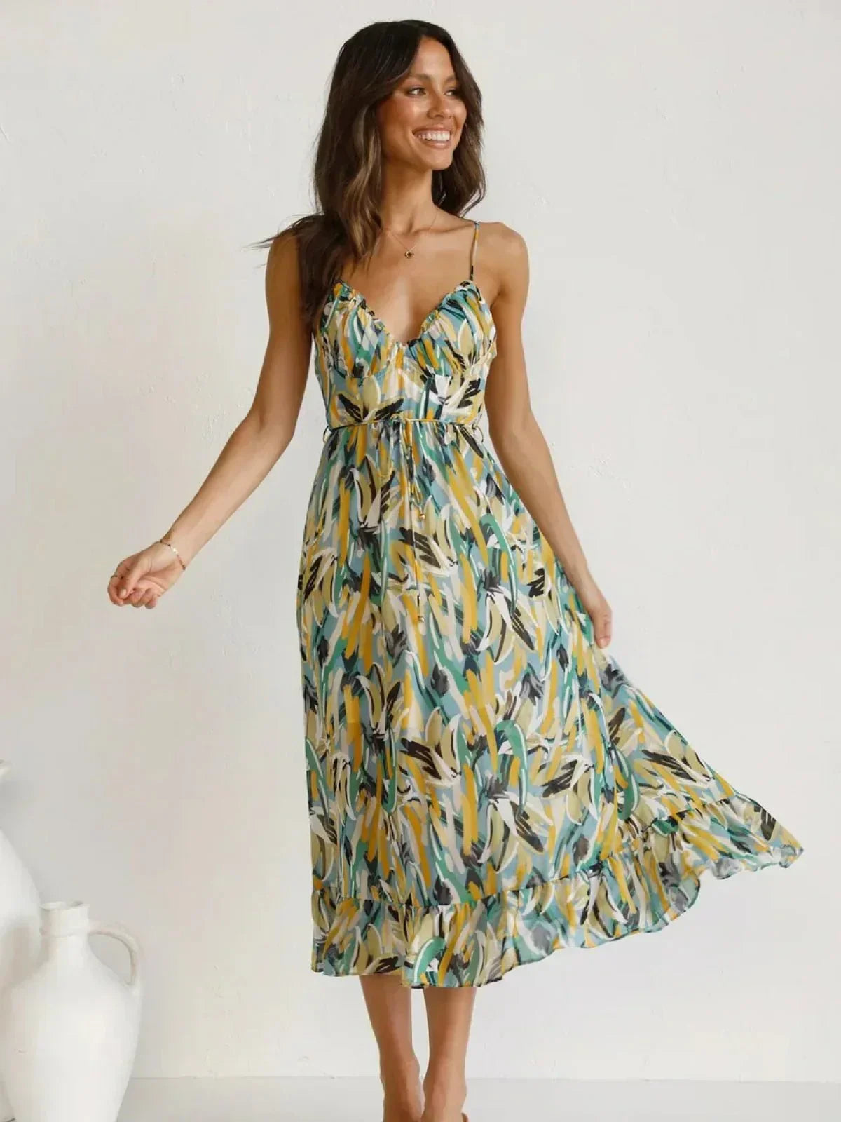Abstract Brushstroke Print Spaghetti Strap Ruched Bust Tie Waist Midi Dress 7