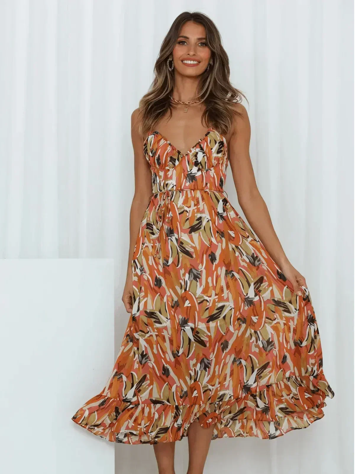 Abstract Brushstroke Print Spaghetti Strap Ruched Bust Tie Waist Midi Dress 15