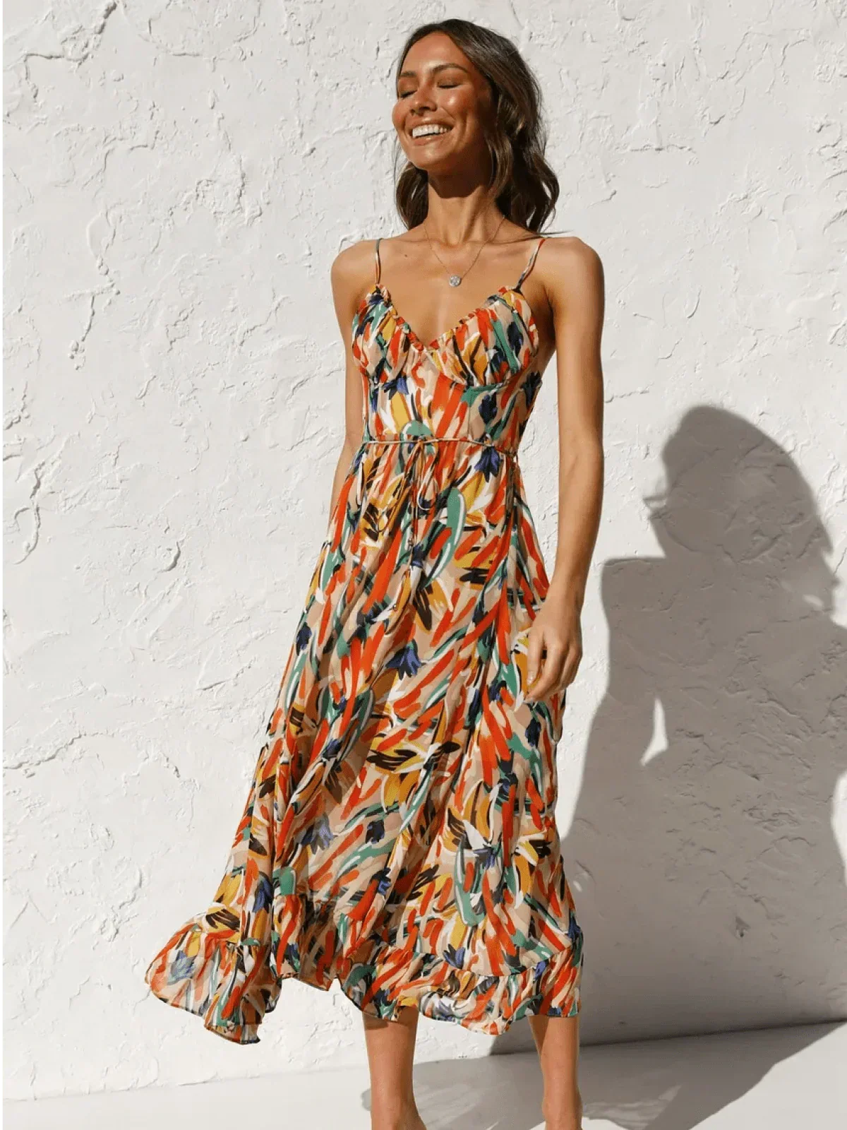 Abstract Brushstroke Print Spaghetti Strap Ruched Bust Tie Waist Midi Dress 3