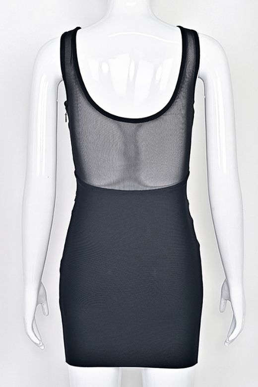 Classic Black Mesh Panel Cut Out Crew Neck Sleeveless Bandage Mini Dress 9