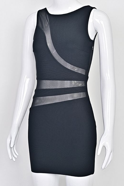 Classic Black Mesh Panel Cut Out Crew Neck Sleeveless Bandage Mini Dress 7