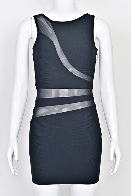 Classic Black Mesh Panel Cut Out Crew Neck Sleeveless Bandage Mini Dress 6