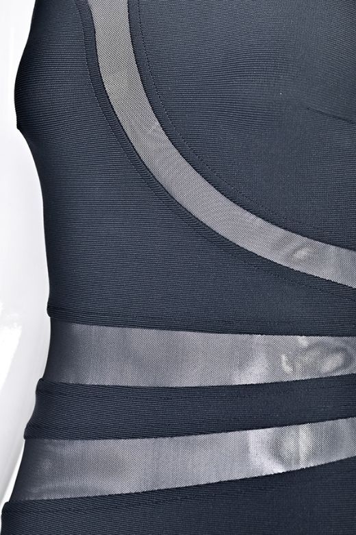 Classic Black Mesh Panel Cut Out Crew Neck Sleeveless Bandage Mini Dress 10