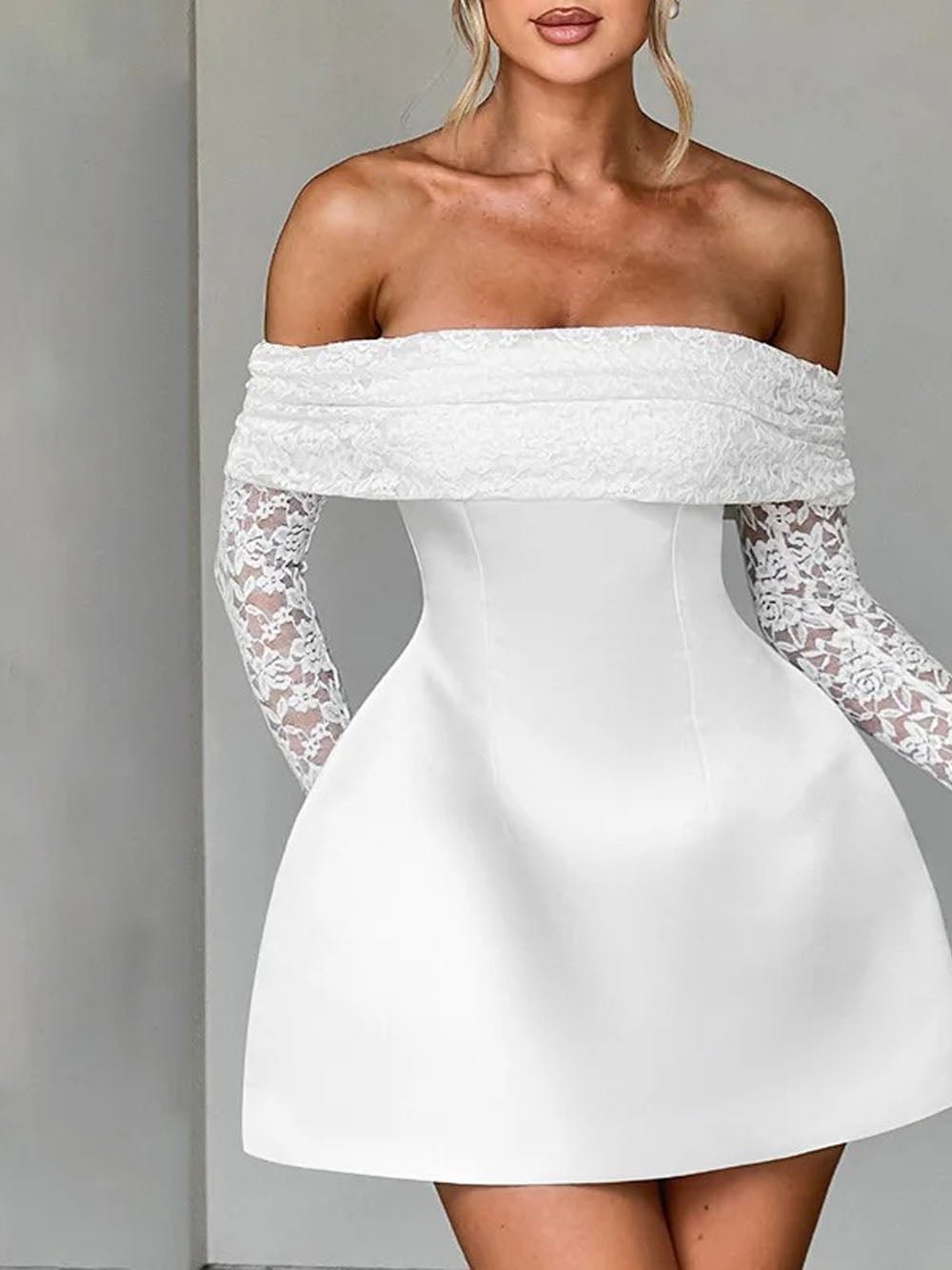 Off-the-Shoulder Lace Trim Long Sleeve Princess Seam Fit and Flare Mini Dress 3