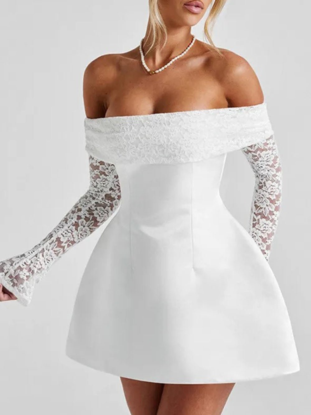 Off-the-Shoulder Lace Trim Long Sleeve Princess Seam Fit and Flare Mini Dress 4