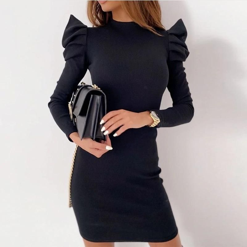 Mock Neck Puff Shoulder Ribbed Bodycon Mini Dress 4