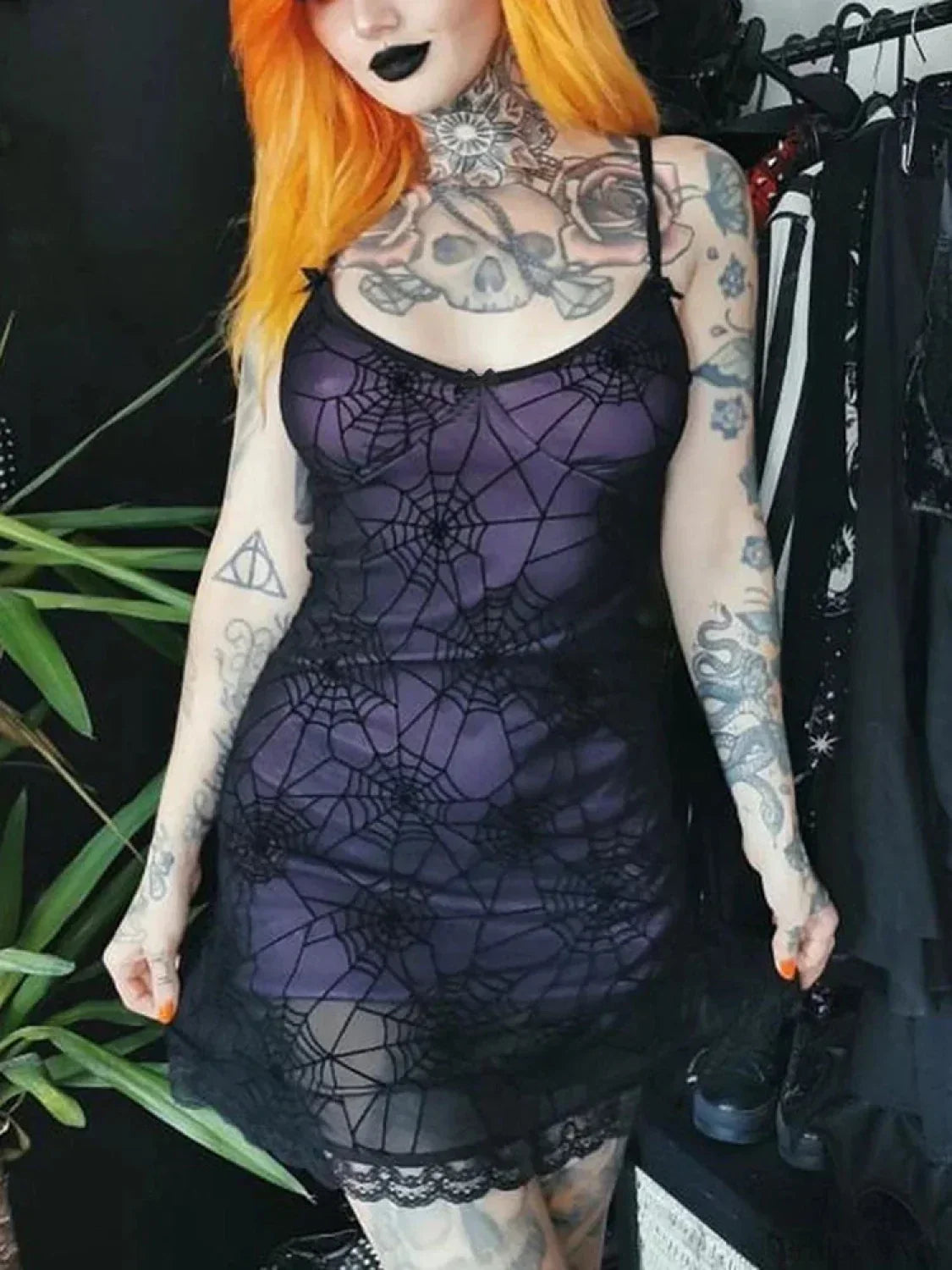 Spiderweb Flocked Mesh Lace-Trim Bow Spaghetti Strap Bodycon Mini Dress