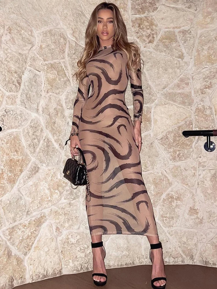 Mock Neck Long Sleeve Abstract Swirl Print Bodycon Maxi Dress 4