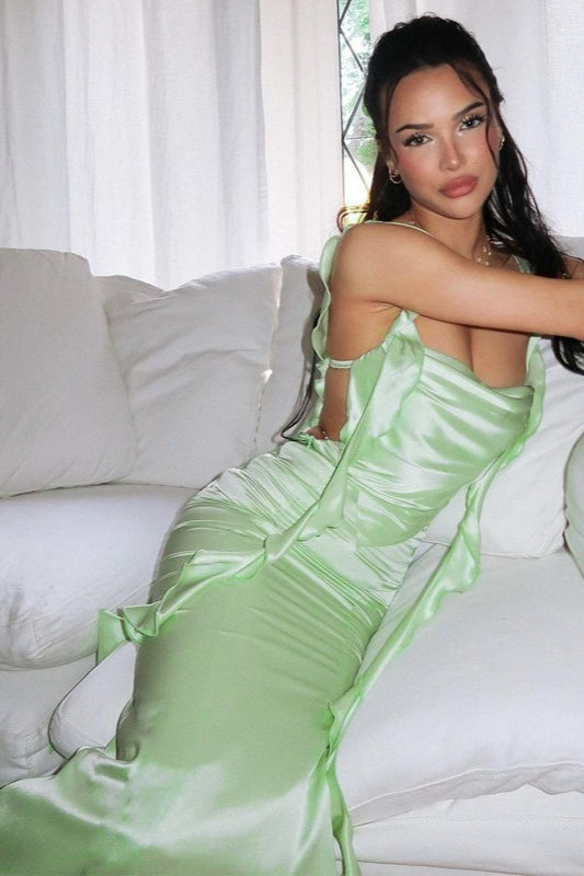 Square Neck Ruffle Strap Ruched Waist Mermaid Maxi Dress 4
