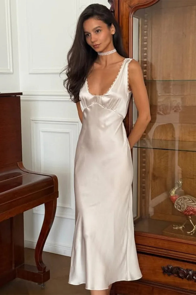 Satin Lace Trim Deep V-Neck Slip Midi Dress