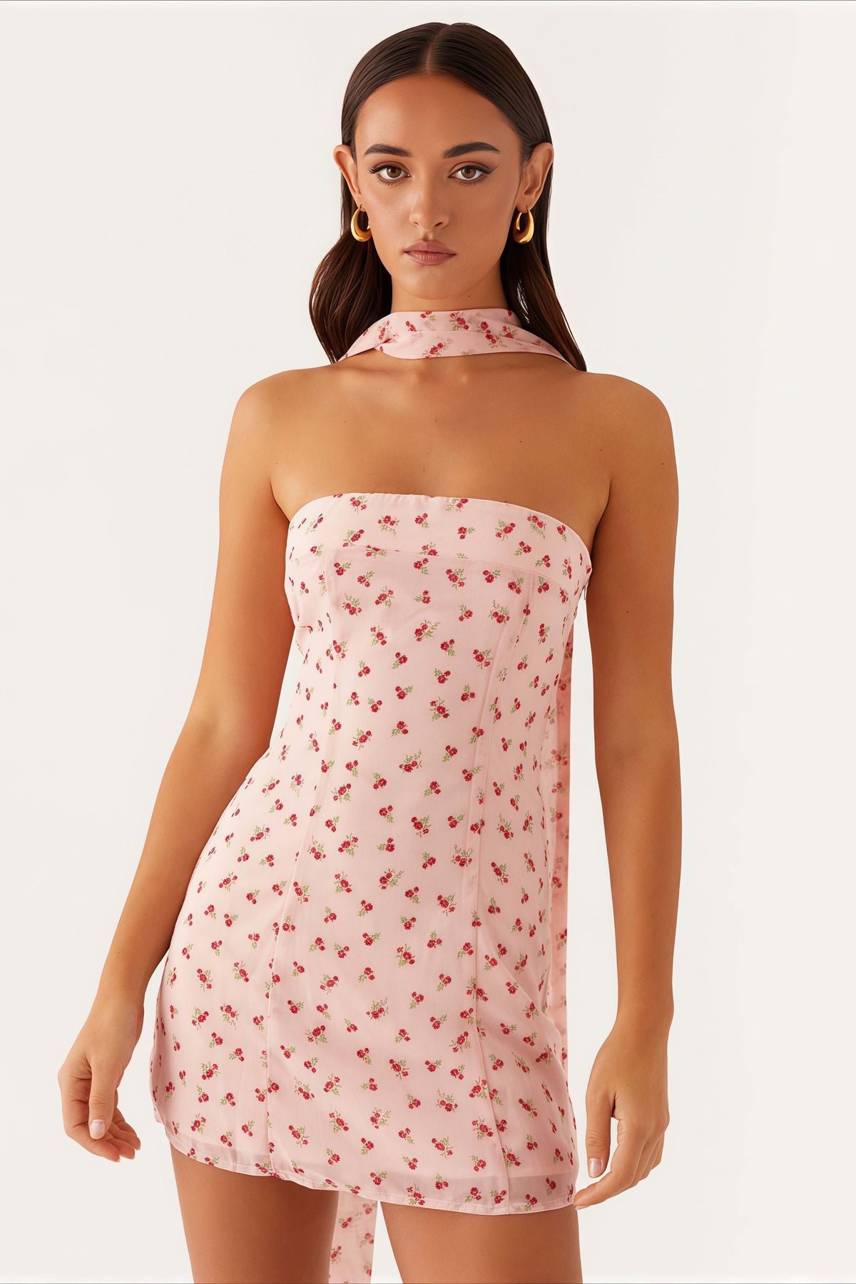 Strapless Ditsy Floral Print Matching Neck Tie Bodycon Mini Dress