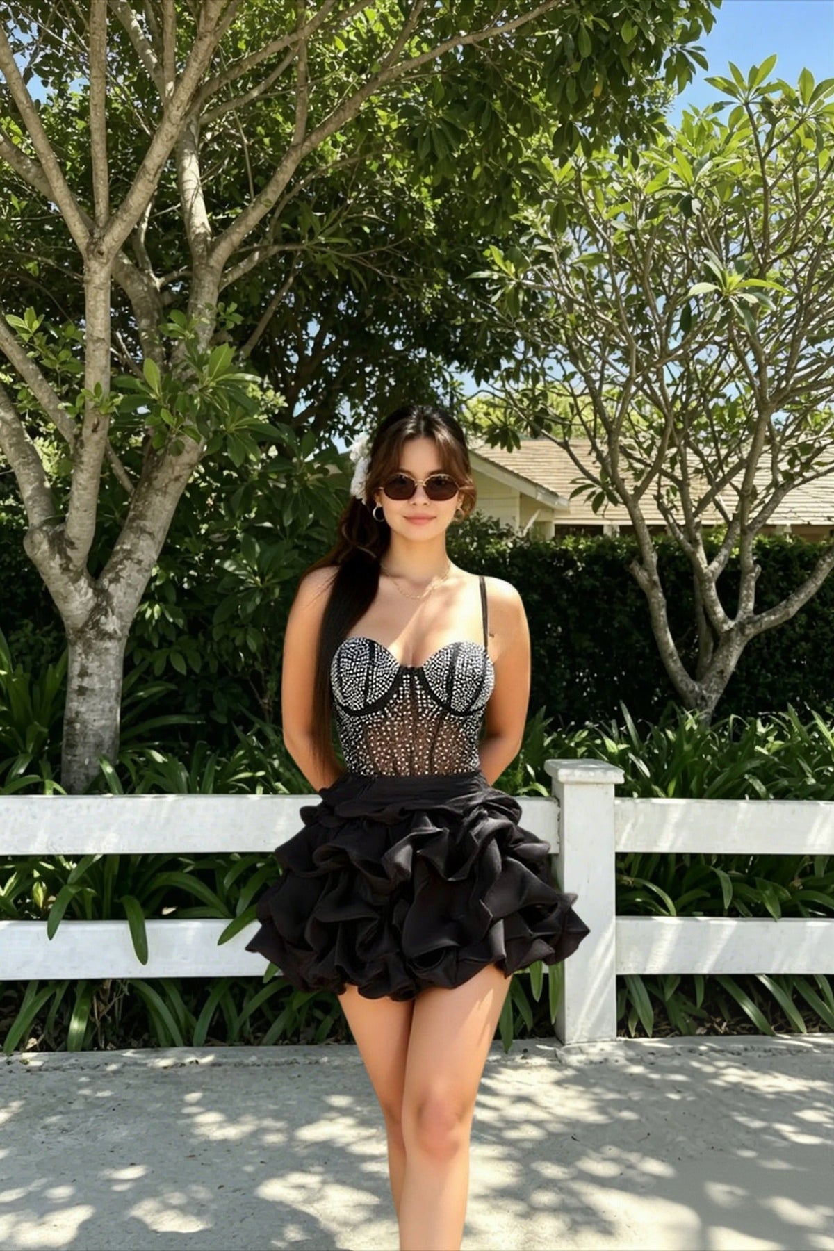Rhinestone Corset Bustier Spaghetti Strap Tiered Ruffle Babydoll Mini Dress 8