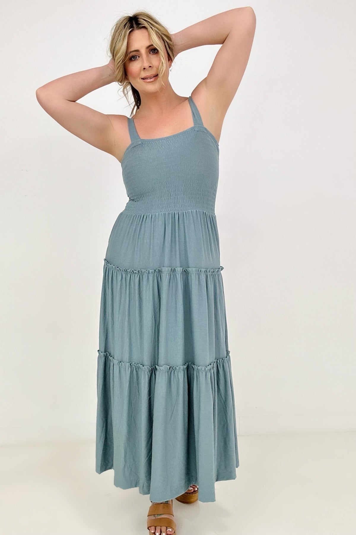 Square Neck Smocked Bodice Tiered Ruffle Maxi Dress 7
