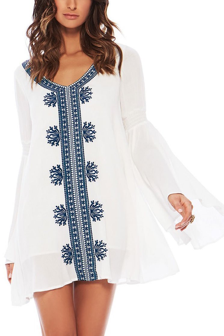 White Tribal Embroidered Flare Sleeve Beachwear Cover Up Tunic