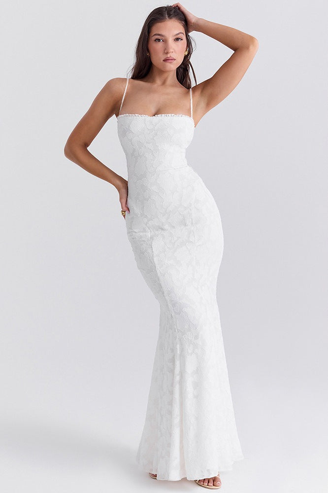Lace Corset Square Neck Spaghetti Strap Mermaid Maxi Gown 7
