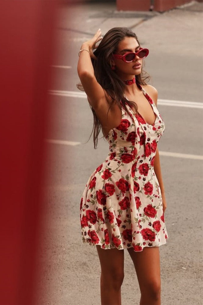 Print Halter Neck Tie Strap Deep V-Neck Backless Mini Dress 7