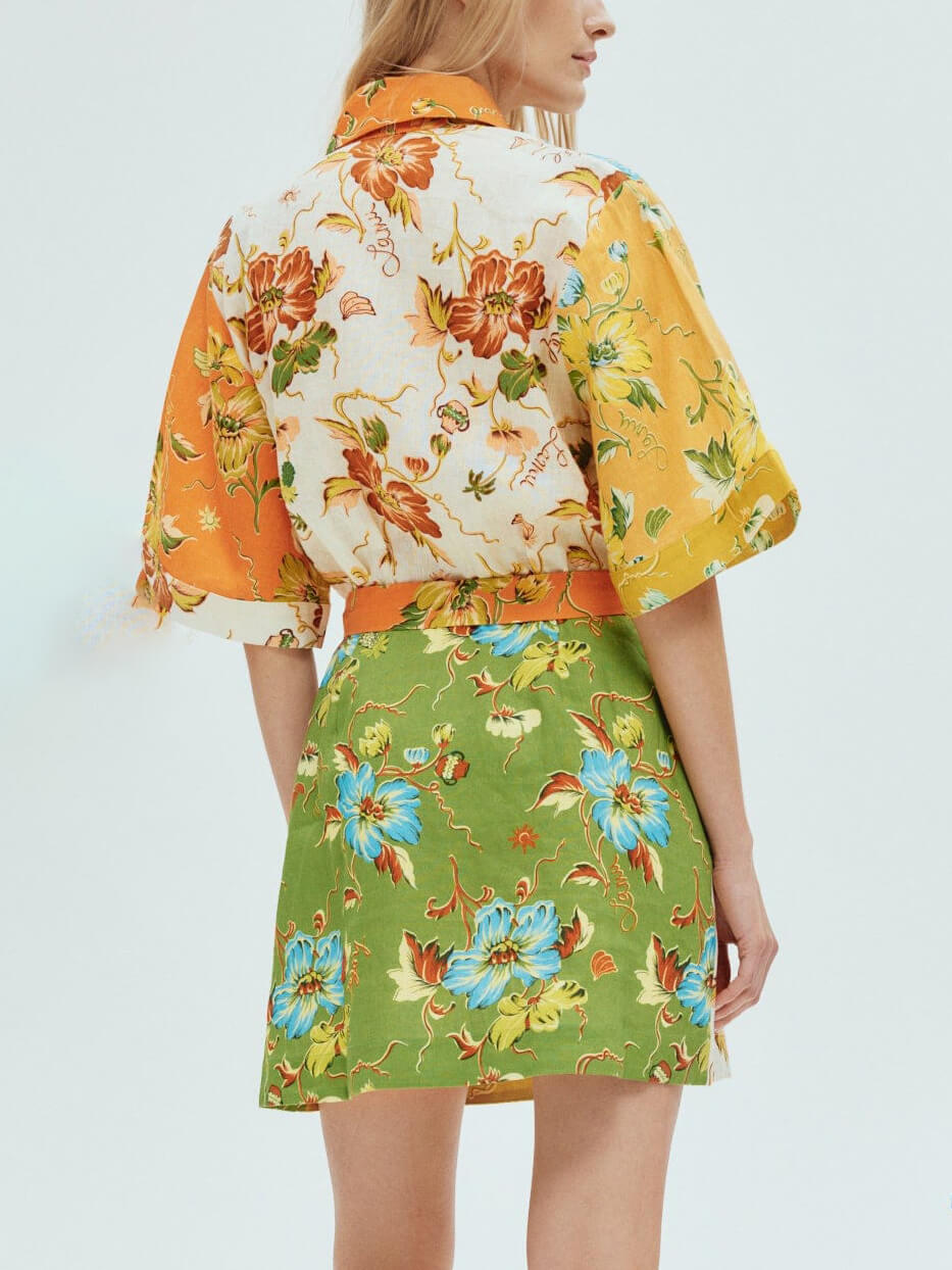 Floral Patchwork Collared Belted Button Front Mini Dress 3