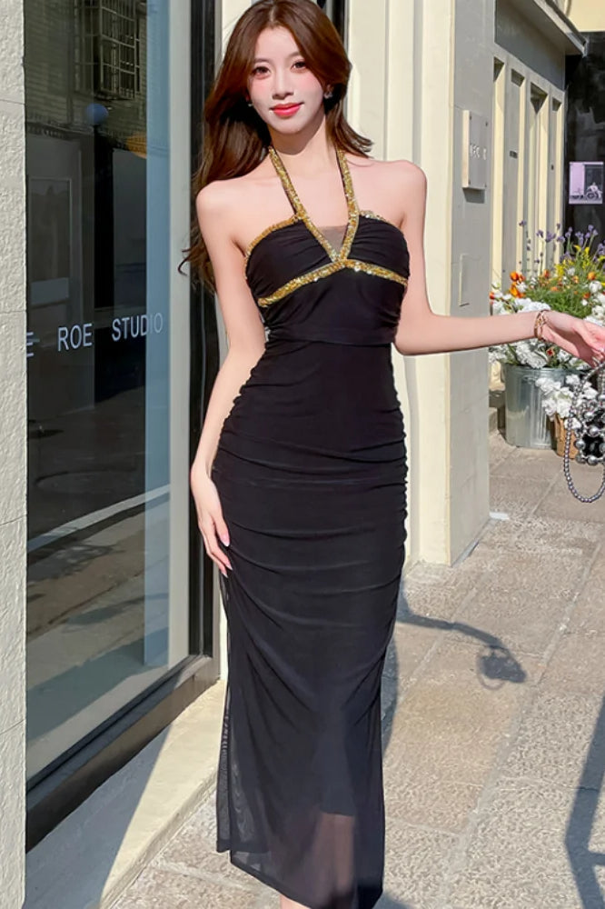 Rhinestone Halter Neck Ruched Gathered Mesh Bodycon Maxi Dress 3