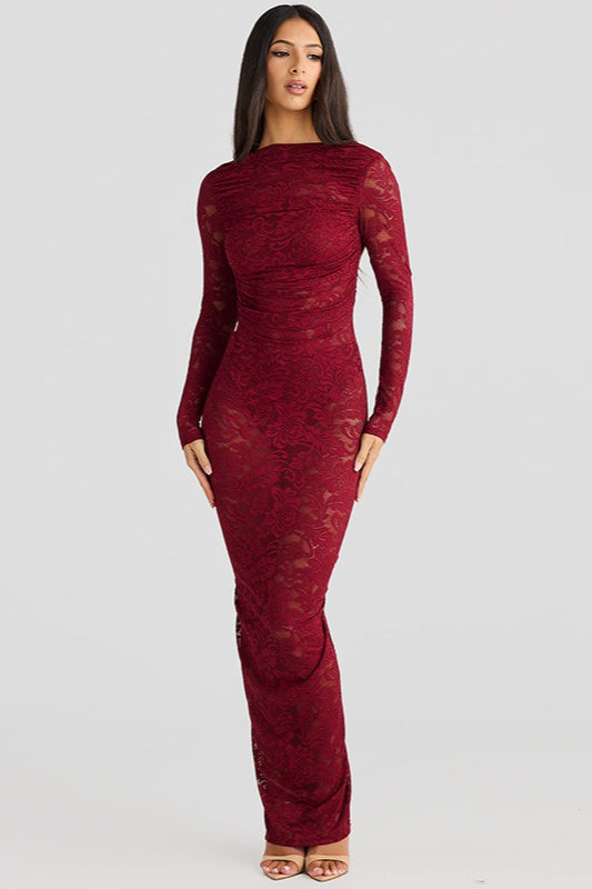 Open Back Long Sleeve Floral Lace Illusion Overlay Bodycon Maxi Dress 3