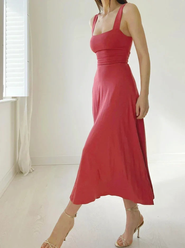 Square Neck Wide Strap A-Line Midi Dress 3