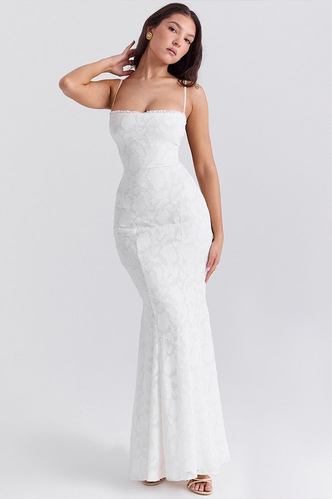 Lace Corset Square Neck Spaghetti Strap Mermaid Maxi Gown 8