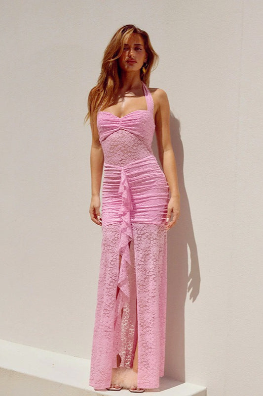 Lace Sweetheart Ruched High Slit Ruffle Trim Maxi Dress 5