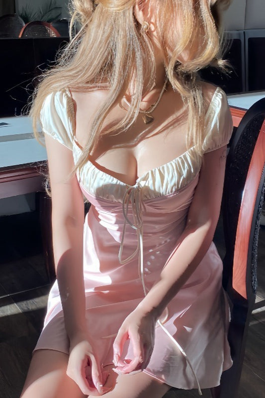 Sweetheart Neck Tie Front Puff Sleeve Contrast Bust Satin Mini Dress