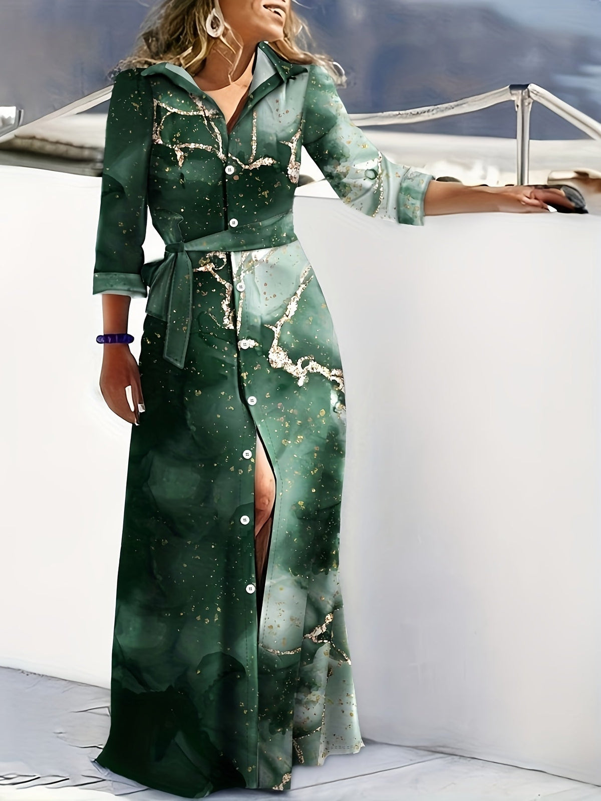 Marble Print Long Sleeve Belted Button Front Shirt Maxi Dress 4