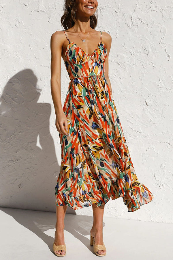 Abstract Brushstroke Print Spaghetti Strap Sweetheart Ruffle Hem Midi Dress