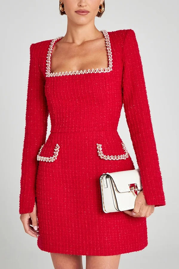 Tweed Square Neck Pearl Trim Long Sleeve Mini Dress 5
