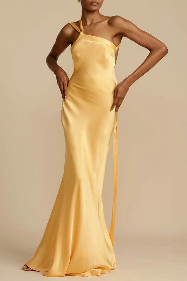 One-Shoulder Knotted Strap Side-Tie Satin Column Maxi Gown