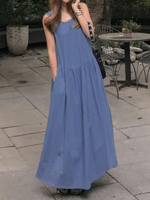 Scoop Neck Drop Waist Pocket Maxi Tank Dress