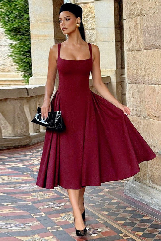 Square Neck Wide Strap Pleated Fit and Flare Midi Dress 2