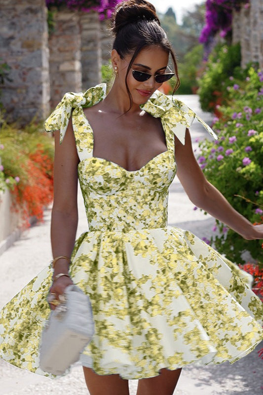 Floral Print Sweetheart Tie Strap Corset Fit and Flare Mini Dress
